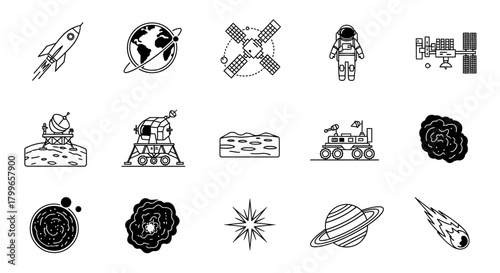 Explore the cosmos with this stunning collection of space exploration icons featuring rockets, planets, astronauts, and celestial bodies for your next project.