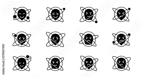 Diverse emotional faces representing human feelings and moods within a conceptual atomic structure, ideal for science and psychology themes.