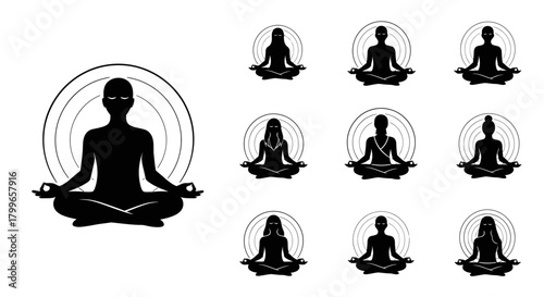 Discover inner peace and mindfulness with diverse serene figures meditating in tranquil poses, perfect for wellness and spiritual branding.
