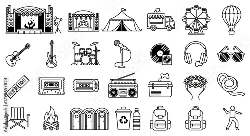 Dynamic collection of festival and concert icons capturing the vibrant energy of live music events and outdoor celebrations