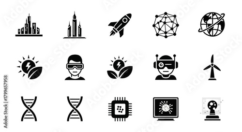 Dynamic icons representing future technology innovation business growth sustainability and scientific discovery