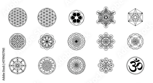 Sacred geometry symbols and spiritual icons for meditation and mindfulness design projects seeking enlightenment and inner peace.
