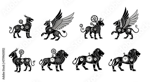 Dynamic steampunk creatures with intricate gears and clockwork details create a powerful and imaginative visual narrative for your modern projects.