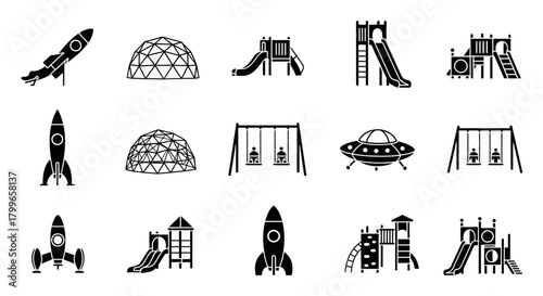 Whimsical collection of playground icons featuring rockets, geodesic domes, swings, and alien spacecraft for imaginative play and design projects