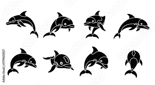 Dynamic collection of eight stylized black dolphin silhouettes in various playful poses, perfect for marine themes and aquatic designs.