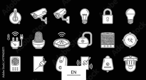Modern smart home technology icons including security cameras, smart plugs, air purifiers, and automated devices for connected living