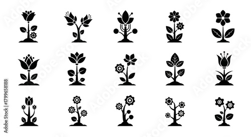 Diverse collection of stylized plant icons featuring floral elements and mechanical gears, perfect for innovation and growth concepts