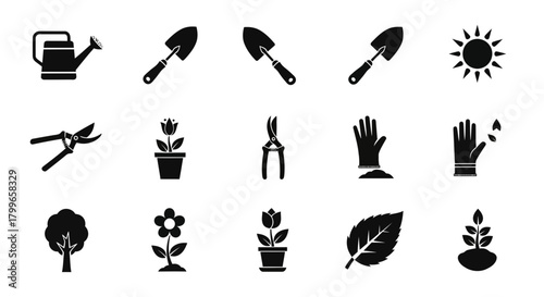 Essential gardening tools and plants icons for a vibrant garden design project, perfect for DIY enthusiasts and horticultural businesses