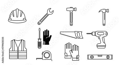 Essential construction tools and safety gear collection featuring hard hat, wrench, hammers, drill, saw, gloves, vest, and level for building projects