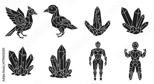 Futuristic digital birds, geometric crystals, and stylized robots with circuit patterns offer modern tech and science inspiration for creative projects.