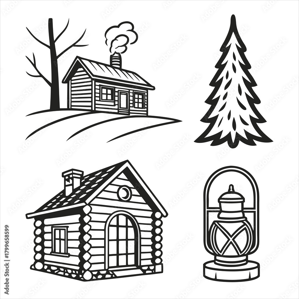 Fototapeta premium Cozy Winter Home Icons with Fireplace, Cabin, Frosted Windows & Lantern – Minimal Black Line-Art Pack