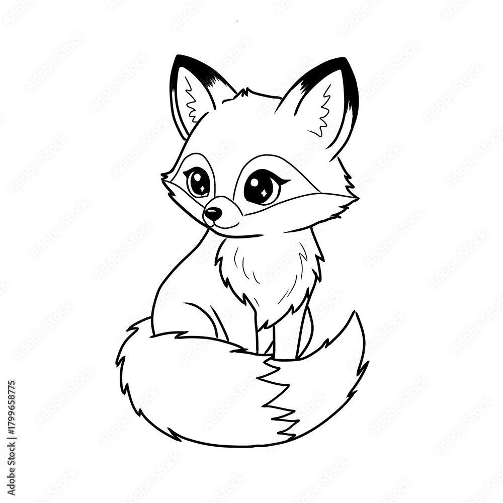 Obraz premium Adorable cartoon fox sitting and looking back over its shoulder, featuring a fluffy tail and large expressive eyes. Black and white line art vector illustration, ideal for woodland themes, children's