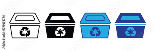 Set of four modern recycling bins with recycle symbol in black, white, light blue, and dark blue, isolated on white background.
