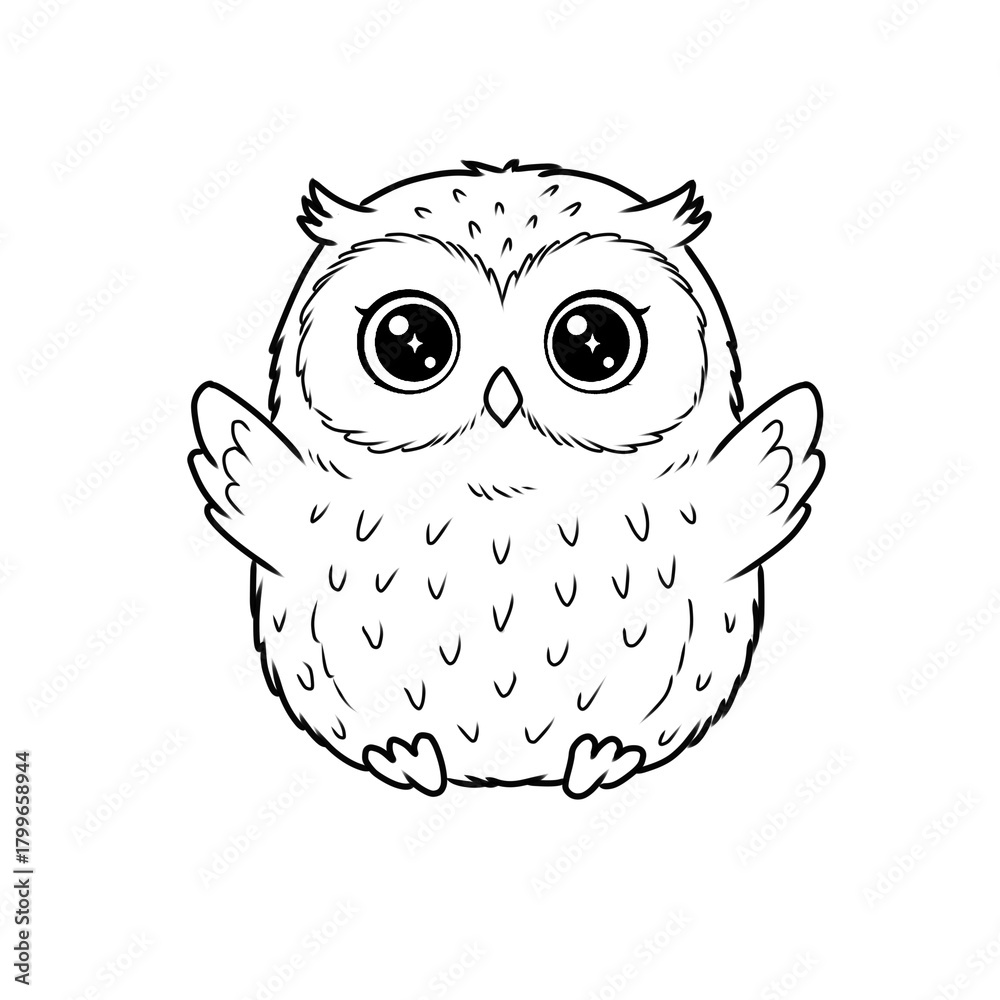 Fototapeta premium Round and plump cartoon owl illustration with large, sparkling eyes and small wings raised slightly. Simple black and white line art vector graphic.