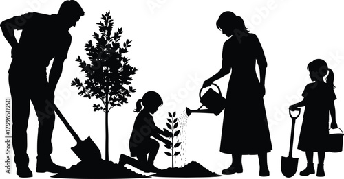 Silhouette family planting and watering young tree together, parents and children gardening, eco friendly nature care, outdoor environment protection vector illustration