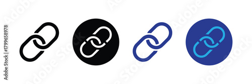 Collection of chain link icons representing connection, security, network, and partnership in different styles and colors on a white background.
