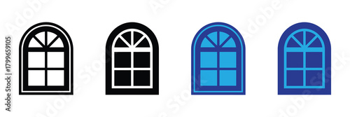 Collection of arched window icons, silhouette and colored variants, representing architectural elements and design options for diverse projects.