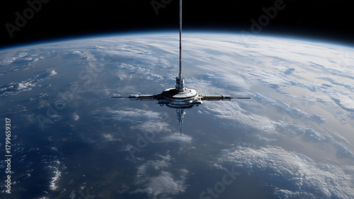 Fototapeta Naklejka Na Ścianę i Meble -  Orbital Space Station, Earth View, Science Fiction Environment
