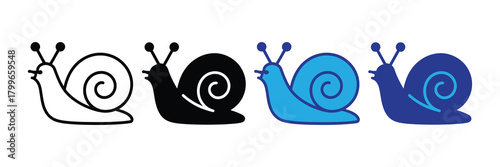 Collection of stylized snail icons showing different styles: outline, silhouette, and colored variations, isolated on white