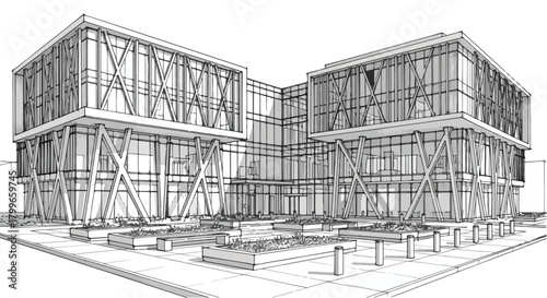 Architectural rendering of a contemporary steel-frame commercial building with layered rectangular volumes, open lower level, and bold structural modernist expression.