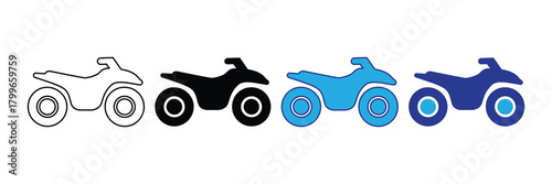 Collection of four atv quad bike icons in different styles and colors: outline, solid black, bright blue, and dark blue, representing versatility and transport options
