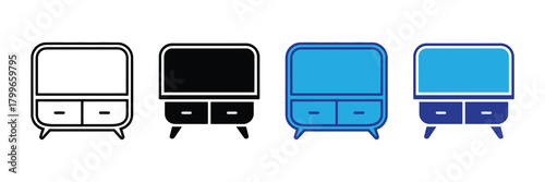 Modern entertainment center icon set with four styles: outline, solid black, blue fill, and blue outline on white background