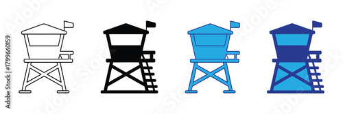 Collection of lifeguard tower icons and illustrations in various styles, symbolizing safety and beach patrol, with flags
