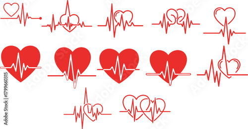 Collection of heartbeat ekg line designs with red hearts and medical pulse graphics