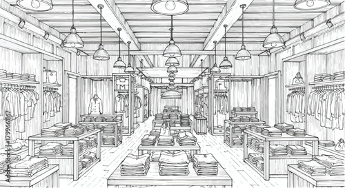 Interior architectural sketch of a spacious clothing store with symmetrical rack rows, industrial ceiling fixtures, display aisles, and a highly organized boutique plan.