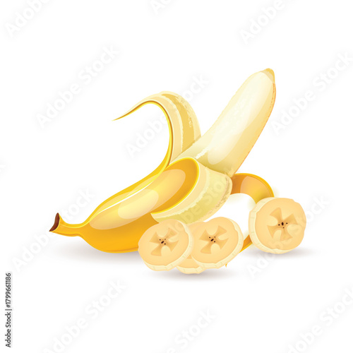 A ripe yellow banana with a partially peeled skin revealing its sweet white flesh and two perfectly sliced sections