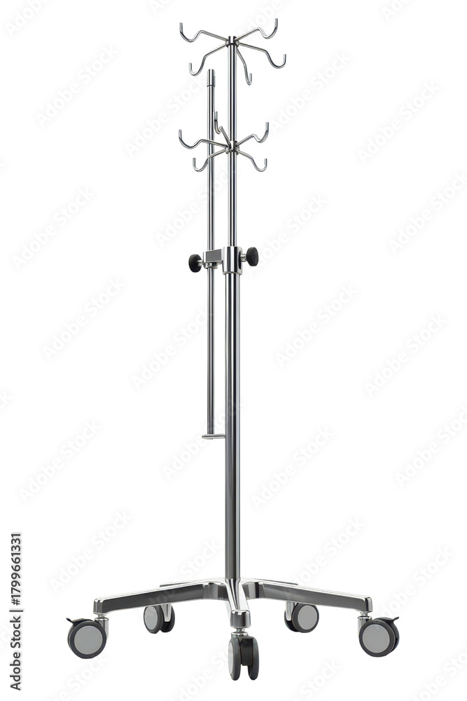 Naklejka premium Medical intravenous drip stand with wheels and multiple hooks isolated with transparent background