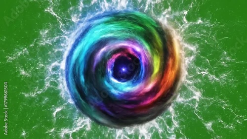 Abstract swirling energy portal emerging with vibrant colors and crackling electricity over a