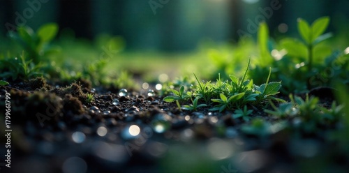 A forest floor covered in dew drops, each reflecting tiny, abstract sound wave patterns, as if the forest is listening . Extreme close up of a forest floor covered in glistening dew drops. Each dew