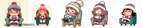 vector of a little girl sitting drinking warm coffee in the snow