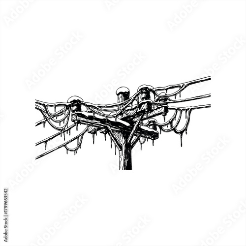 Winter utility challenges icons: snow and ice on power lines for design