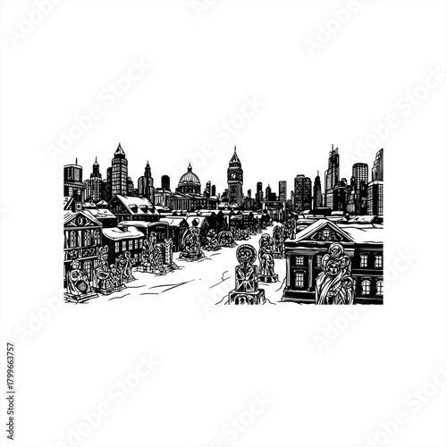 Urban winter skyline icons for cityscape design and branding