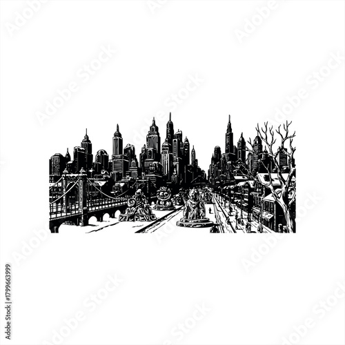 Urban winter cityscape icons for architectural design and travel marketing