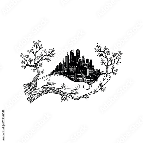 Sustainable urban development and nature integration icons for environmental design