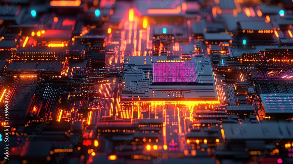 Fototapeta premium Circuit board processing data with glowing microchip and pathways