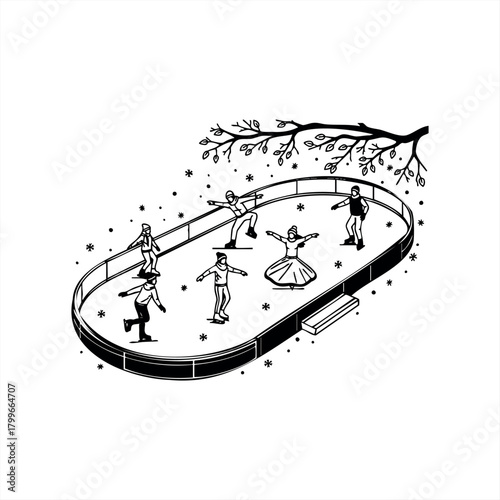 Winter ice skating scene icons for seasonal design and branding