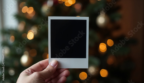 Hand holding blank polaroid photo with Christmas tree background