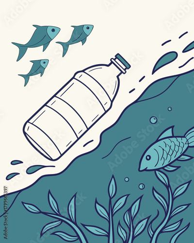 Giant plastic bottle floating in the ocean with fish trying to escape.