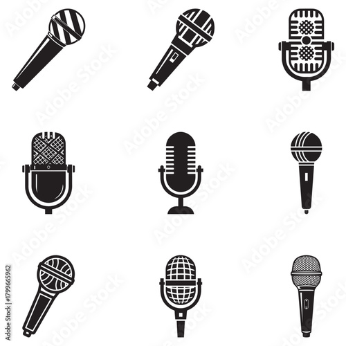 Collection of various microphone icons for audio recording and broadcasting.