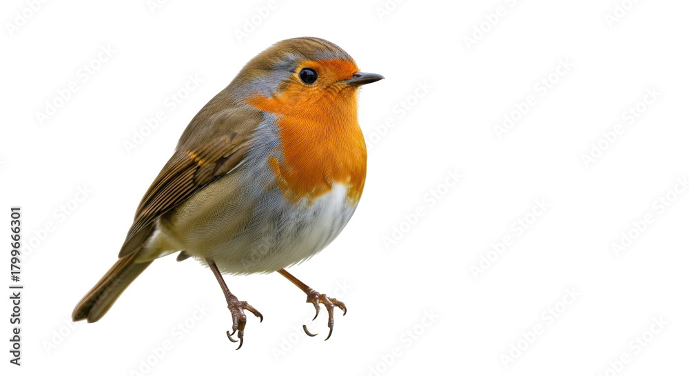 Fototapeta premium Isolated European Robin Erithacus rubecula perched with a vibrant orange breast and plumage