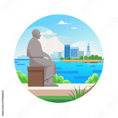 Statue of maxim gorky sits contemplatively, overlooking volga river. Bright daylight enhances details. Cityscape stretches in background, creating serene view
