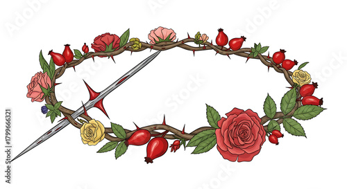 Rose Wreath Crown of Thorns Bloody Sword Piercing Danger Vector Art