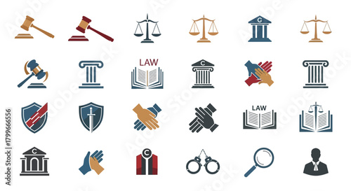 A grid of colorful flat design icons representing various aspects of law and justice