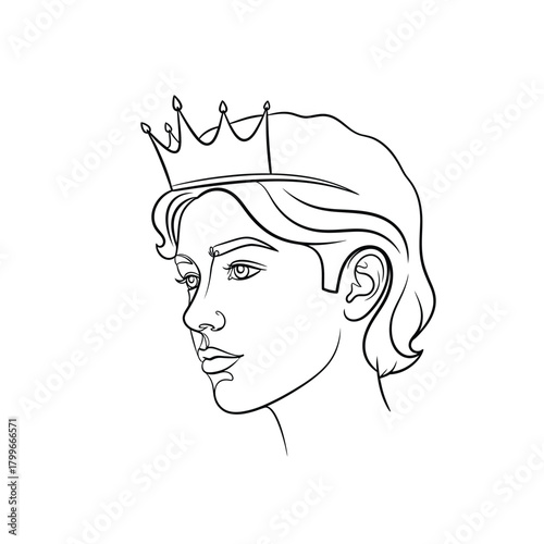Elegant Young Man Wearing a Crown Line Art Illustration.