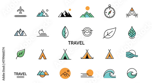 An array of minimalist travel icons, featuring mountains, compass, waves, tents, and foliage