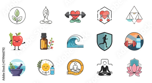 A collection of health and wellness icons in a flat, illustrative style